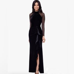 Betsy & Adam Elegant Black Velvet Dress with Sheer Sleeves